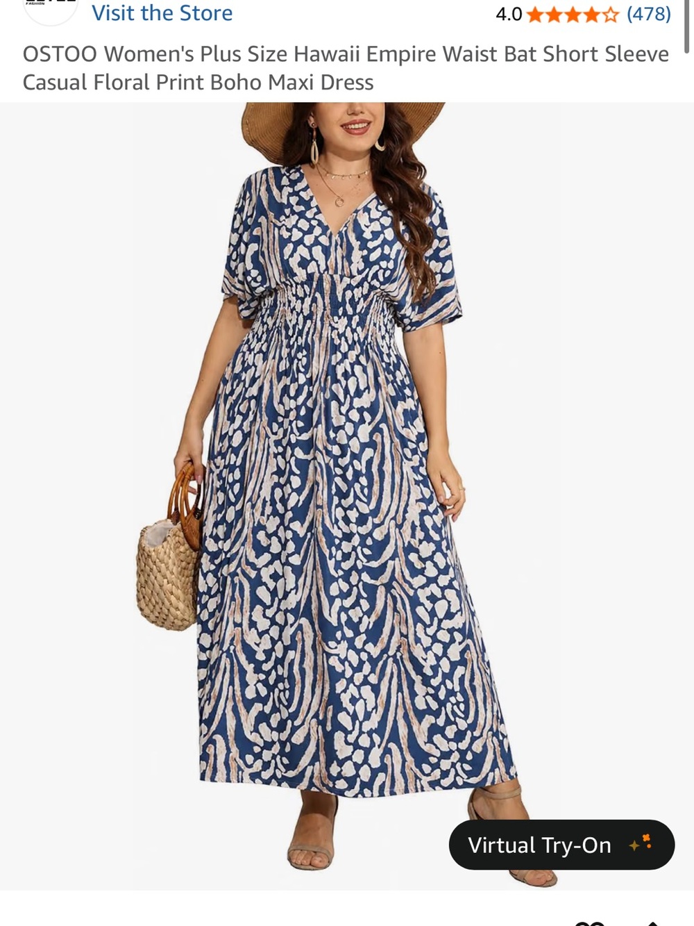 Ost Navy and Cream Printed Smocked-Waist Midi Dress